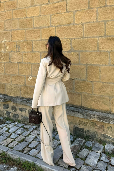 LACING DETAIL CLASSIC JACKET + TROUSERS WOMAN SET CREAM/KREM - 4