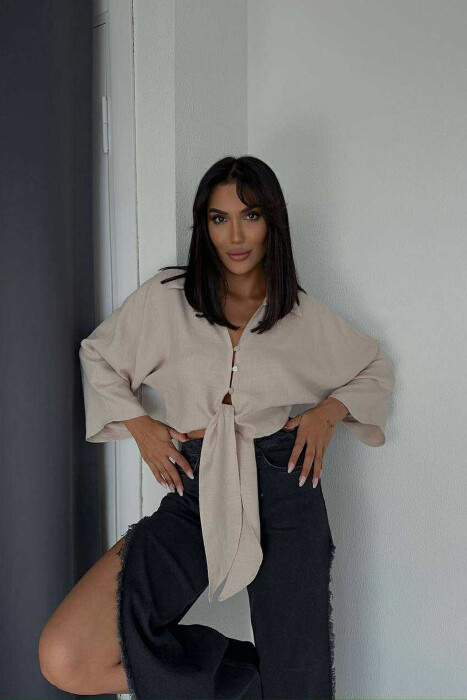 LACING DETAIL CROPPED WOMEN SHIRT BEIGE/BEZHE 