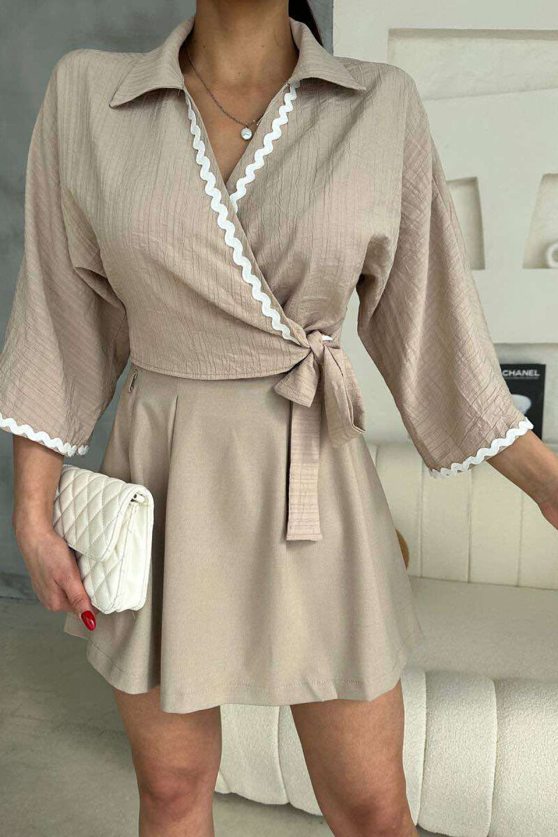 LACING DETAIL CROPPED WOMEN SHIRT BEIGE/BEZHE - 1