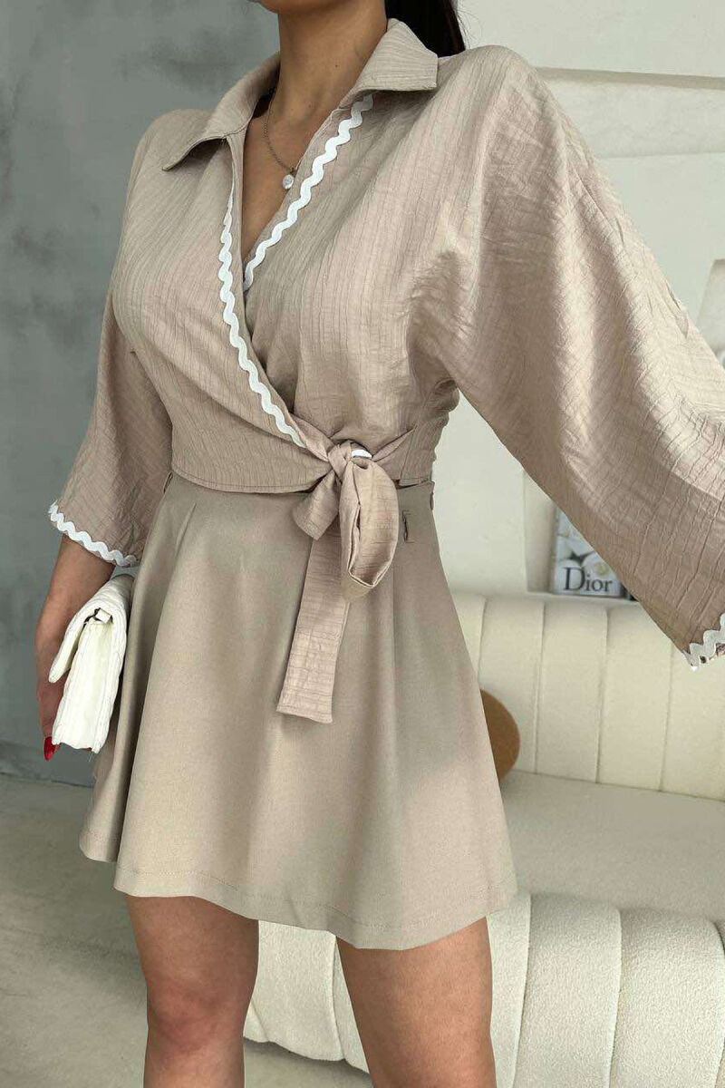 LACING DETAIL CROPPED WOMEN SHIRT BEIGE/BEZHE - 2