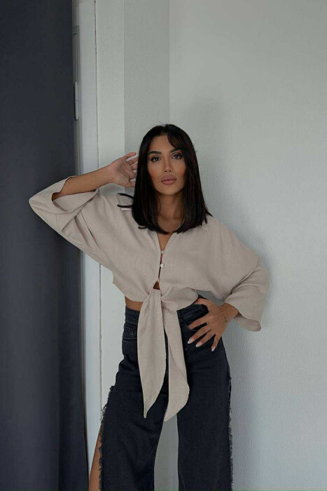 LACING DETAIL CROPPED WOMEN SHIRT BEIGE/BEZHE - 2