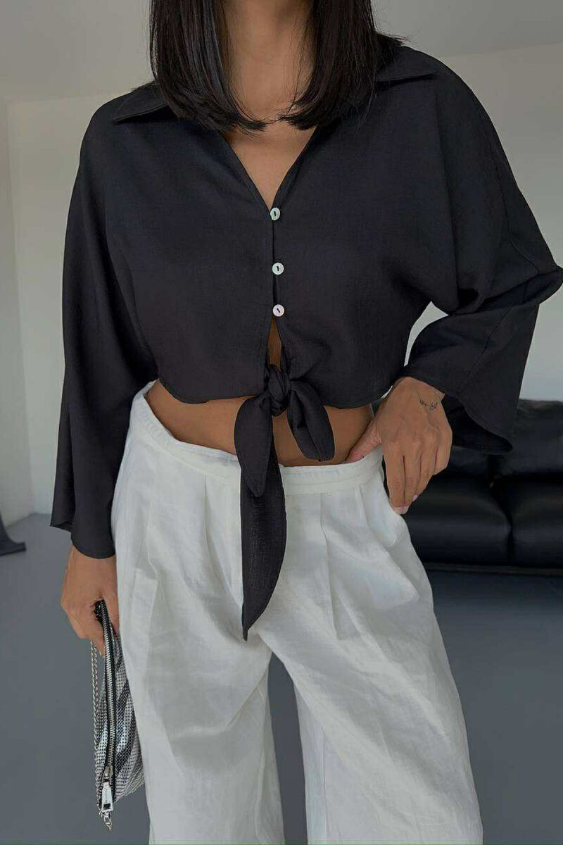 LACING DETAIL CROPPED WOMEN SHIRT BLACK/ E ZEZE - 3