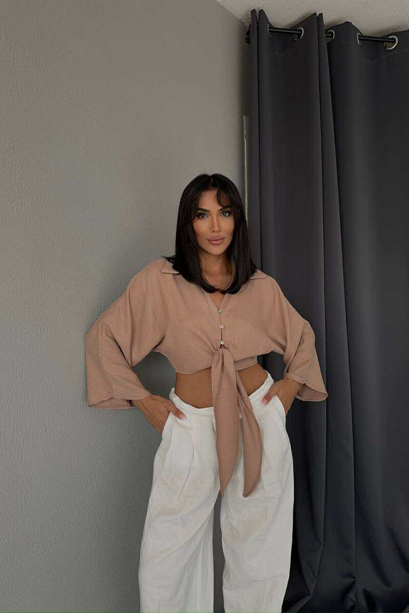 LACING DETAIL CROPPED WOMEN SHIRT BROWN/KAFE - 1