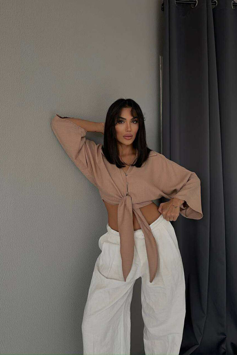LACING DETAIL CROPPED WOMEN SHIRT BROWN/KAFE - 2