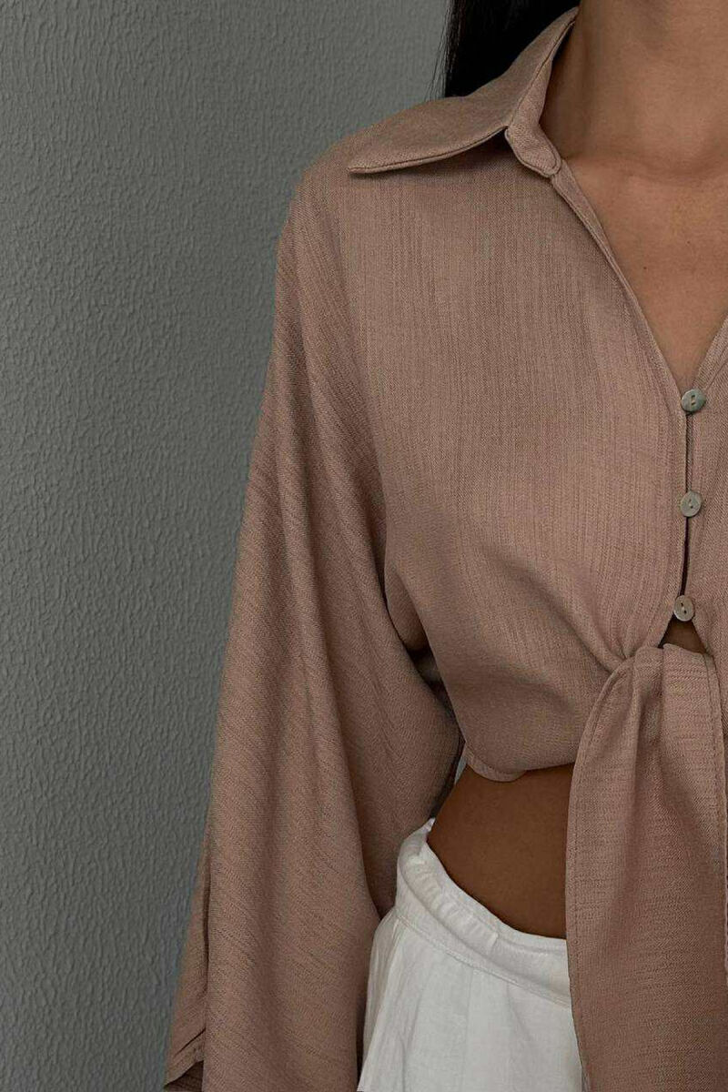LACING DETAIL CROPPED WOMEN SHIRT BROWN/KAFE - 3