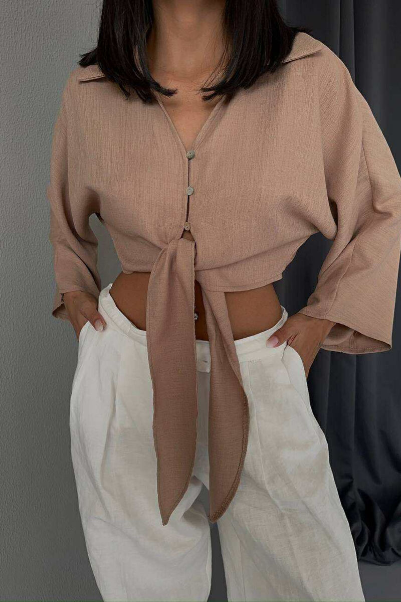 LACING DETAIL CROPPED WOMEN SHIRT BROWN/KAFE - 4