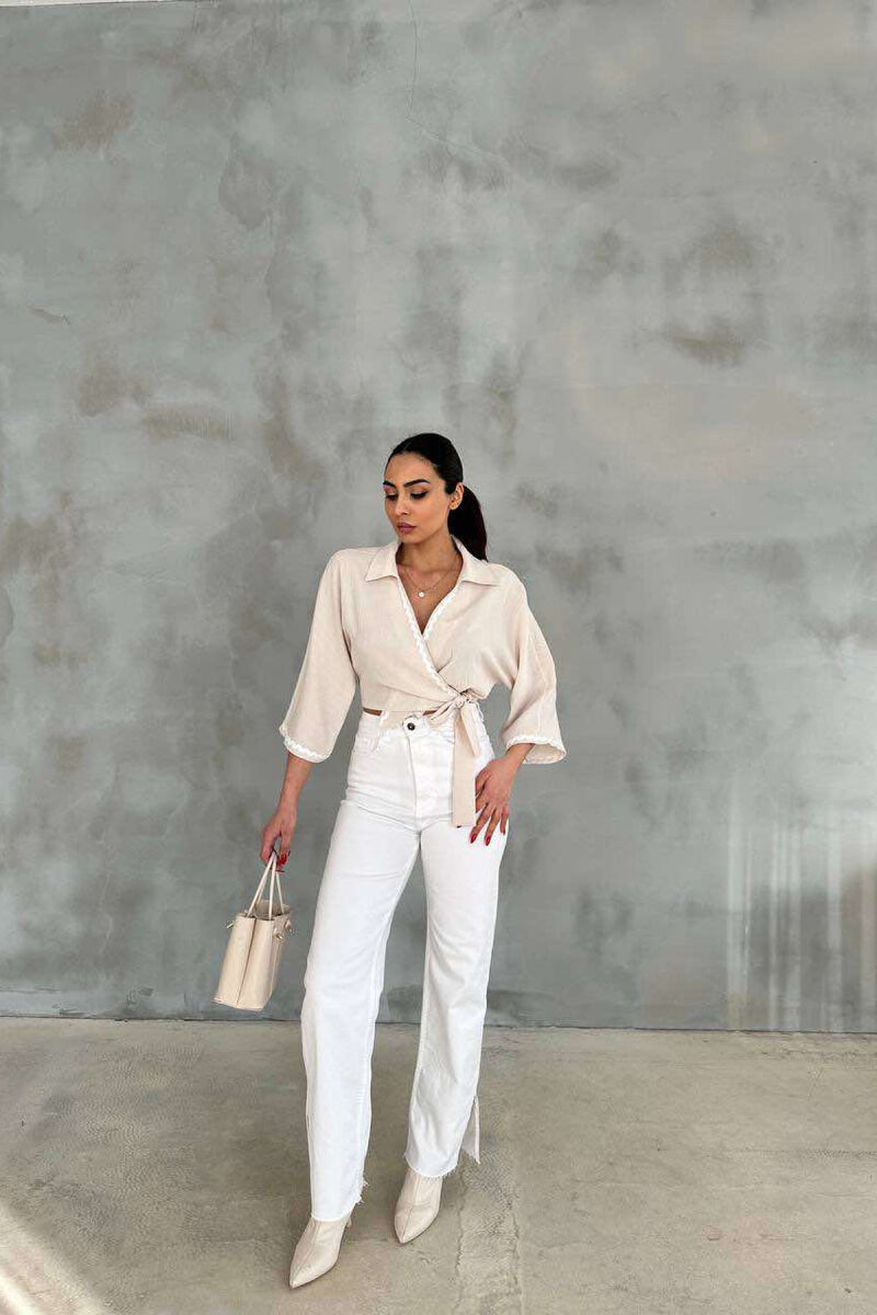 LACING DETAIL CROPPED WOMEN SHIRT CREAM/KREM - 2