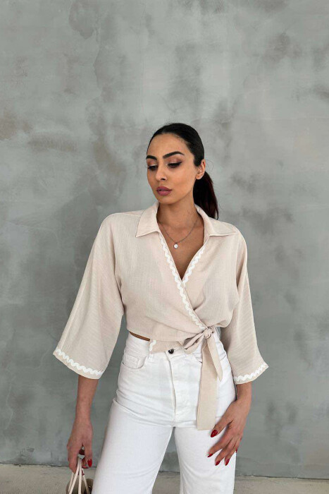 LACING DETAIL CROPPED WOMEN SHIRT CREAM/KREM - 3