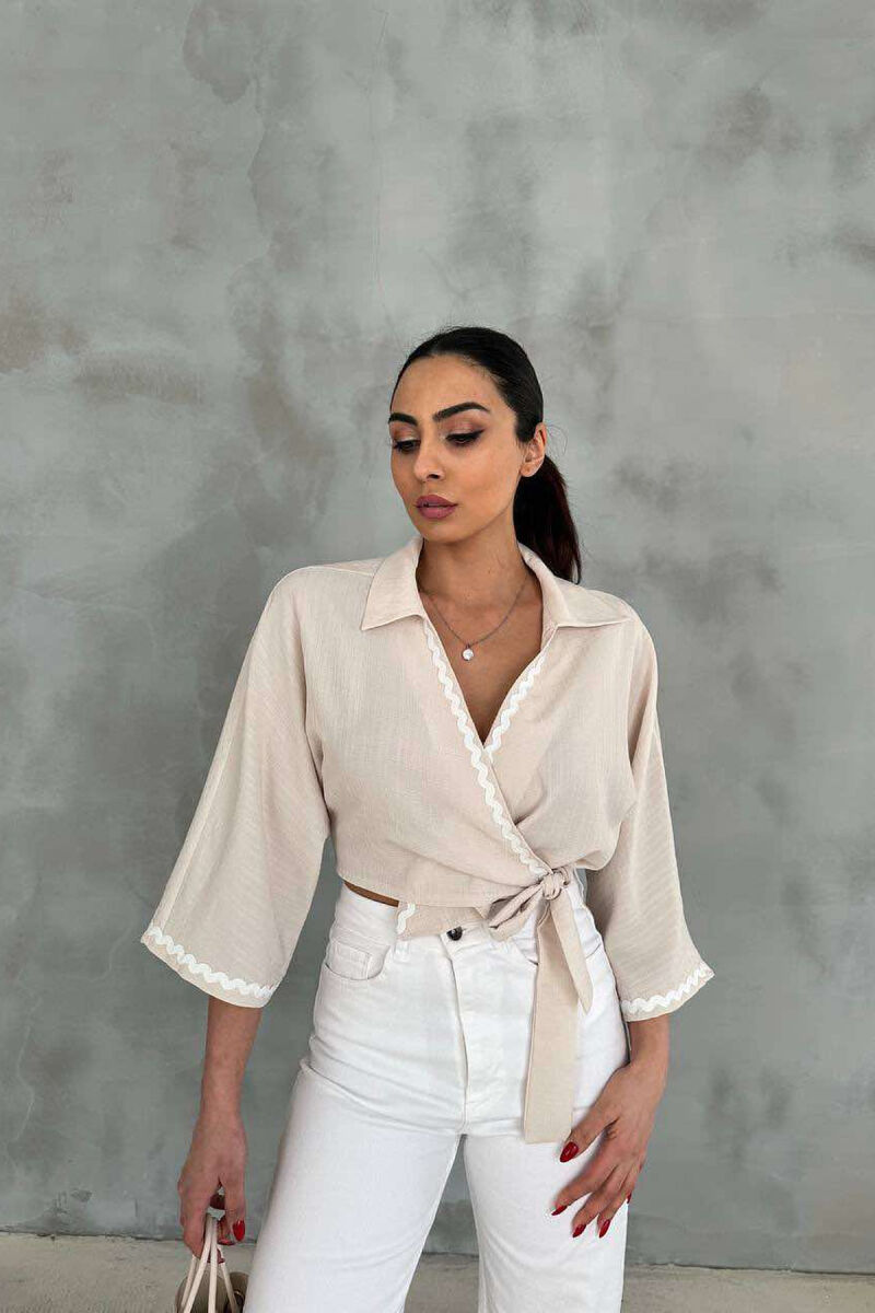 LACING DETAIL CROPPED WOMEN SHIRT CREAM/KREM - 3