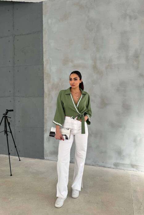 LACING DETAIL CROPPED WOMEN SHIRT OLIVE/ULLI 