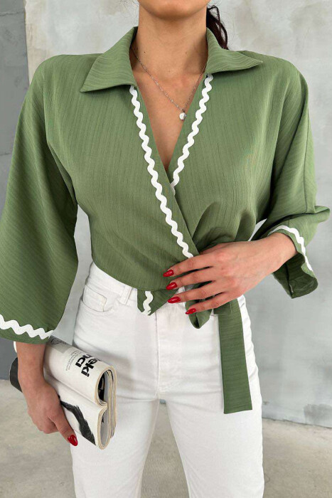 LACING DETAIL CROPPED WOMEN SHIRT OLIVE/ULLI - 2