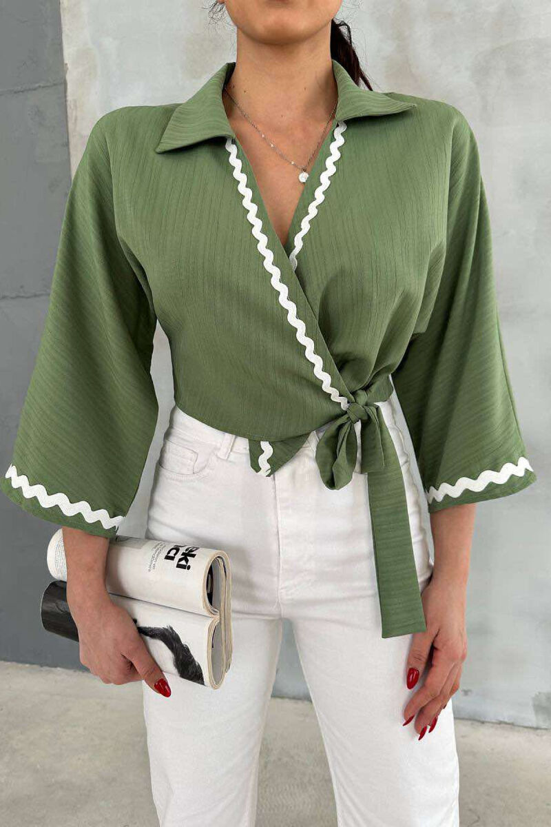 LACING DETAIL CROPPED WOMEN SHIRT OLIVE/ULLI - 4