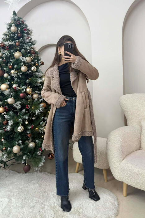 LACING DETAIL FLUFFY WOMEN COAT BEIGE/BEZHE - KLAUDIO FASHION