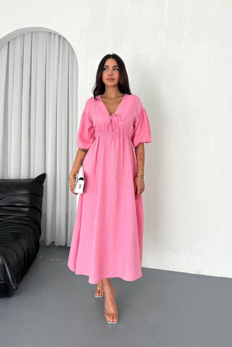 LACING DETAIL HALF SLEEVES LONG WOMEN DRESS PINK/ROZE - 1