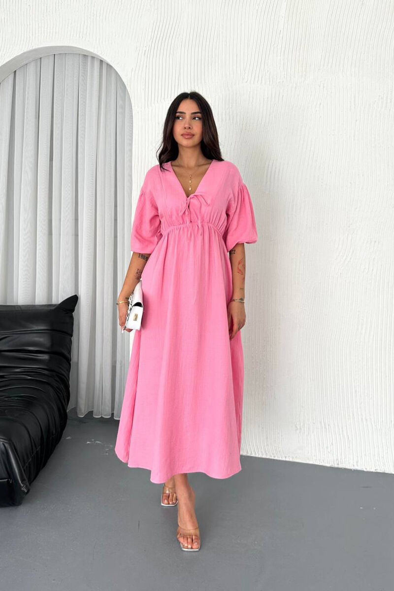 LACING DETAIL HALF SLEEVES LONG WOMEN DRESS PINK/ROZE - 1