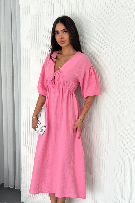 LACING DETAIL HALF SLEEVES LONG WOMEN DRESS PINK/ROZE - 2