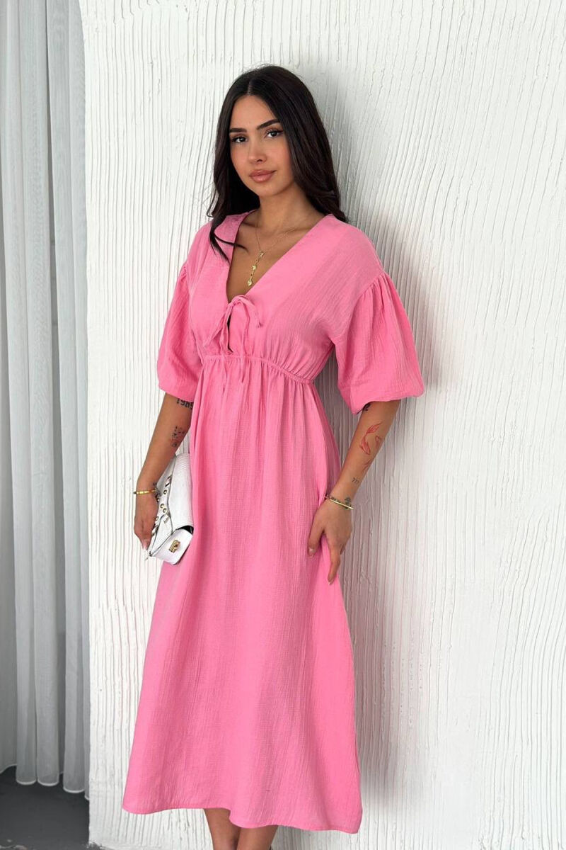 LACING DETAIL HALF SLEEVES LONG WOMEN DRESS PINK/ROZE - 2