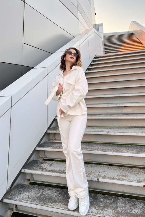 LACING DETAIL JACKET+JEANS DENIM WOMEN SET WHITE-E BARDHE - 1