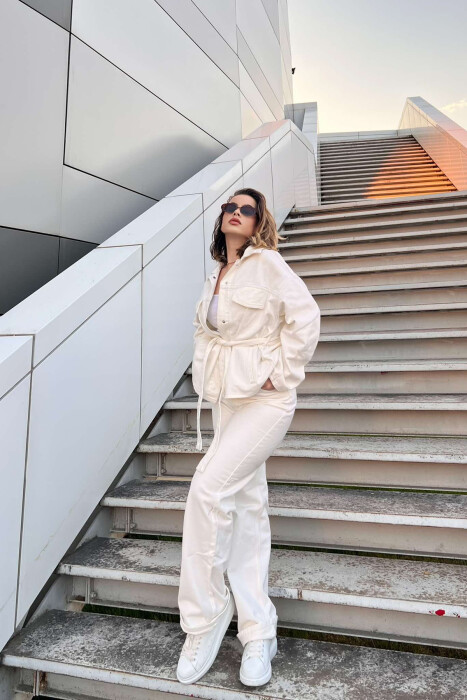 LACING DETAIL JACKET+JEANS DENIM WOMEN SET WHITE-E BARDHE - 2