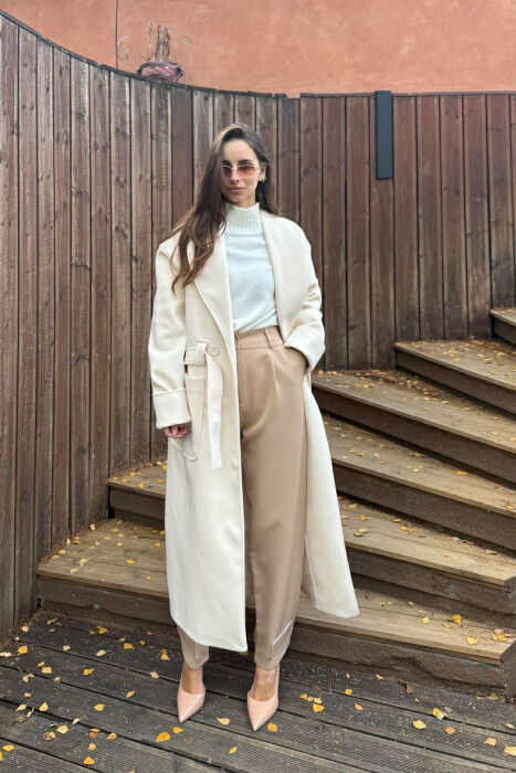 LACING DETAIL ONE COLOR LONG WOMEN COAT CREAM/KREM 