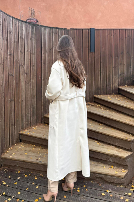 LACING DETAIL ONE COLOR LONG WOMEN COAT CREAM/KREM - 3