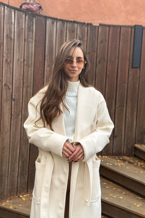 LACING DETAIL ONE COLOR LONG WOMEN COAT CREAM/KREM - 4