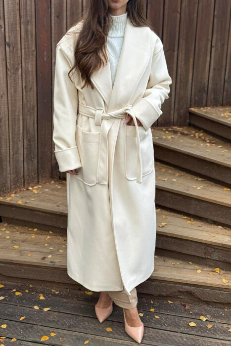 LACING DETAIL ONE COLOR LONG WOMEN COAT CREAM/KREM - 6