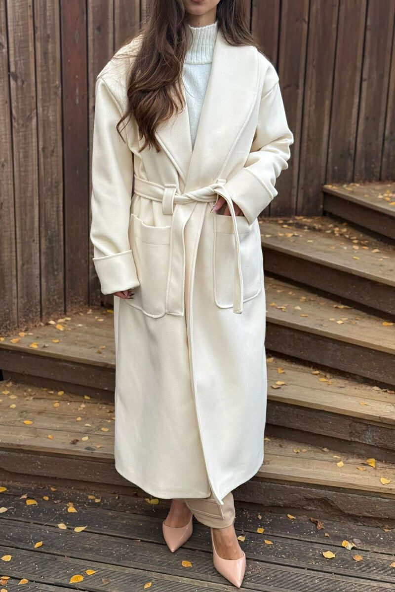 LACING DETAIL ONE COLOR LONG WOMEN COAT CREAM/KREM - 6