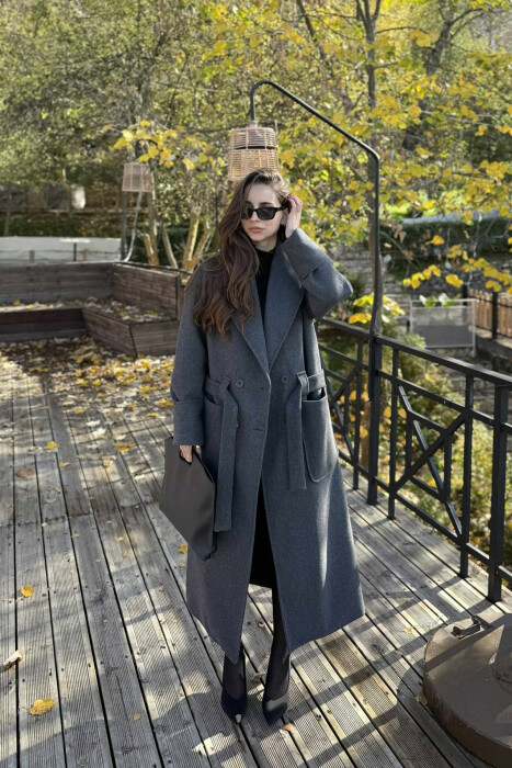 LACING DETAIL ONE COLOR LONG WOMEN COAT DARK GREY/GEE - 1