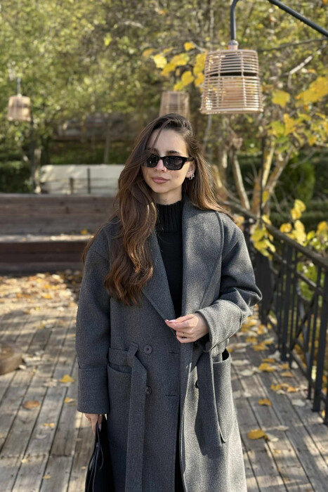 LACING DETAIL ONE COLOR LONG WOMEN COAT DARK GREY/GEE - 2