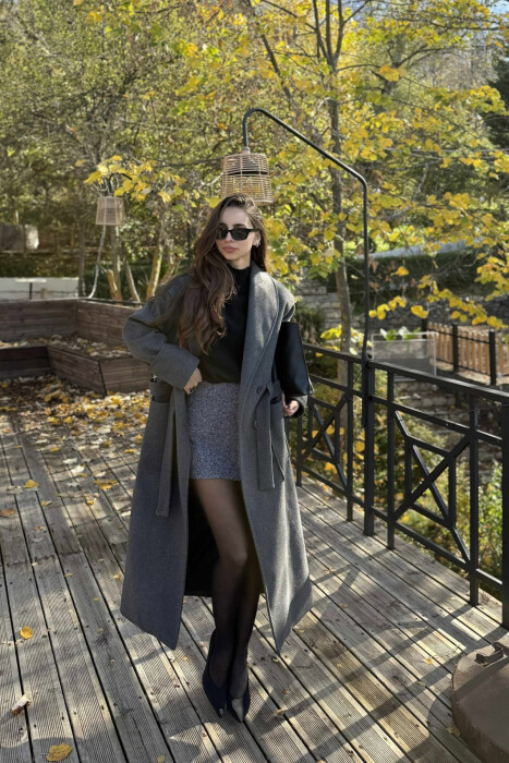LACING DETAIL ONE COLOR LONG WOMEN COAT DARK GREY/GEE - 4