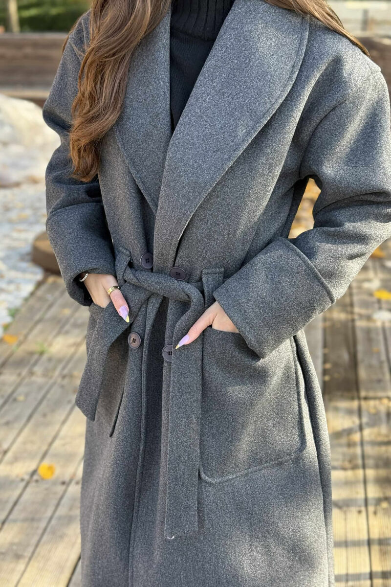 LACING DETAIL ONE COLOR LONG WOMEN COAT DARK GREY/GEE - 6