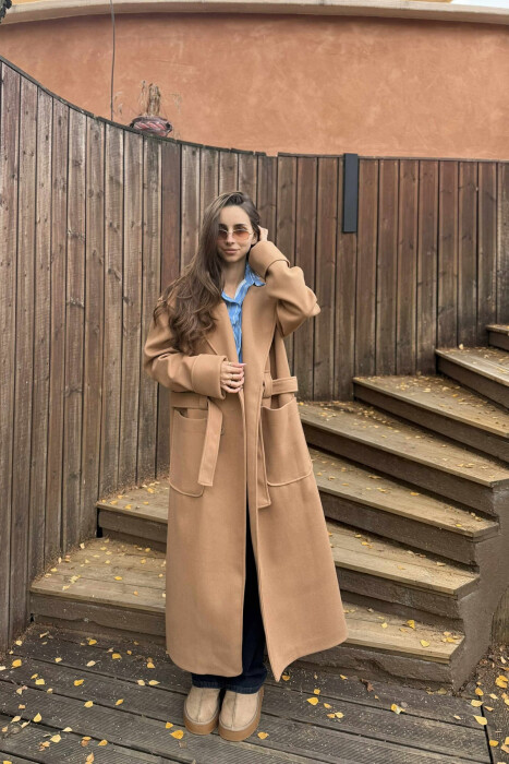 LACING DETAIL ONE COLOR LONG WOMEN COAT LIGHT BROWN/KAZB - 1