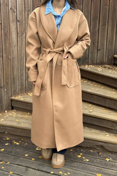 LACING DETAIL ONE COLOR LONG WOMEN COAT LIGHT BROWN/KAZB - 5
