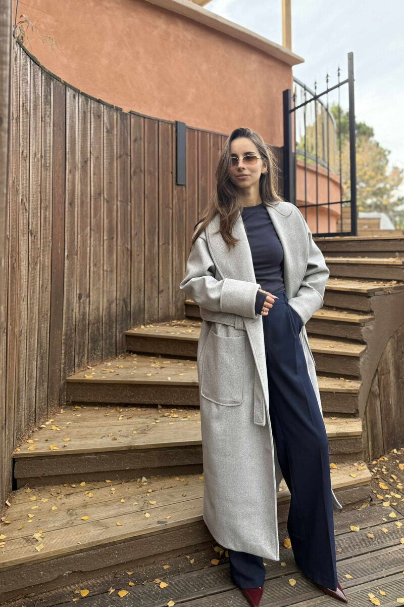 LACING DETAIL ONE COLOR LONG WOMEN COAT LIGHT GREY/GZ - 1