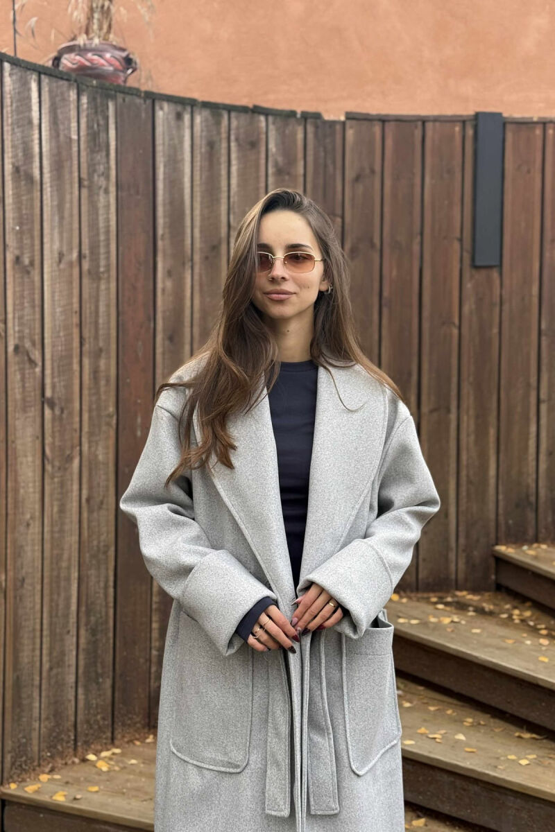 LACING DETAIL ONE COLOR LONG WOMEN COAT LIGHT GREY/GZ - 2