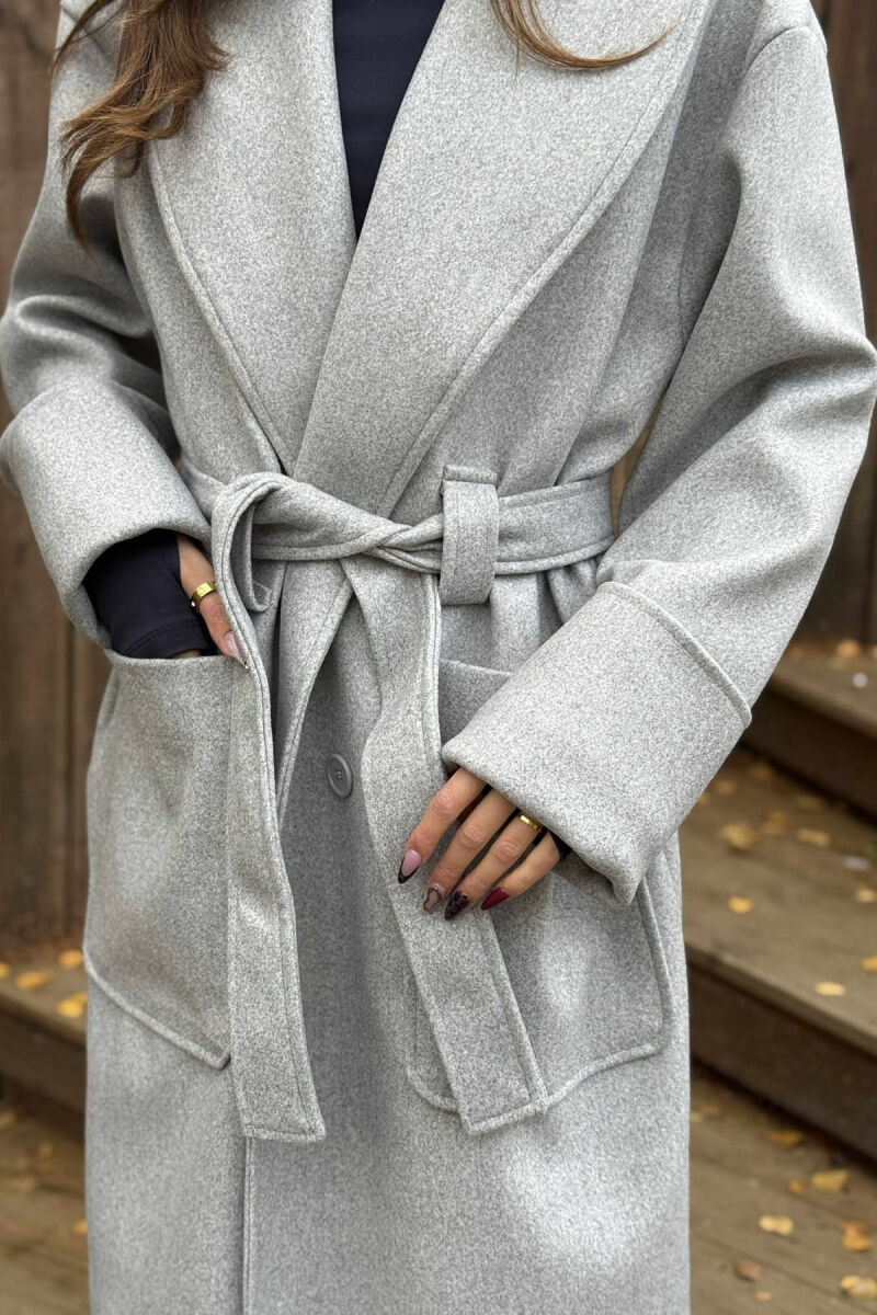 LACING DETAIL ONE COLOR LONG WOMEN COAT LIGHT GREY/GZ - 3