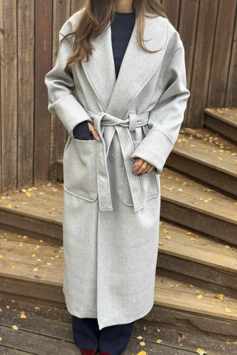 LACING DETAIL ONE COLOR LONG WOMEN COAT LIGHT GREY/GZ - 5