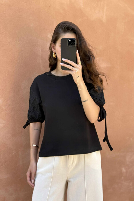 LACING DETAIL ONE COLOR WOMEN T-SHIRT BLACK/ E ZEZE - 2