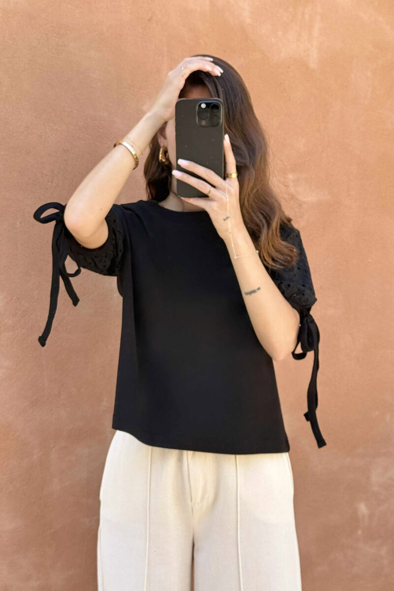 LACING DETAIL ONE COLOR WOMEN T-SHIRT BLACK/ E ZEZE - 3