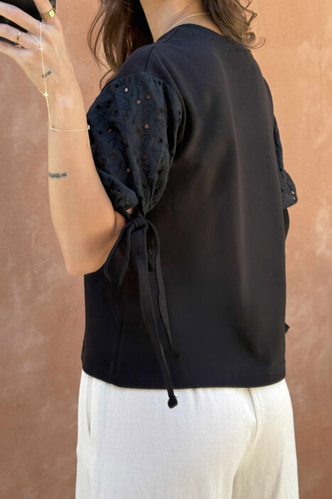 LACING DETAIL ONE COLOR WOMEN T-SHIRT BLACK/ E ZEZE - 4