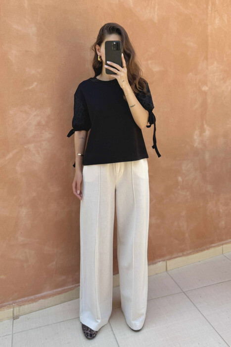 LACING DETAIL ONE COLOR WOMEN T-SHIRT BLACK/ E ZEZE - KLAUDIO FASHION