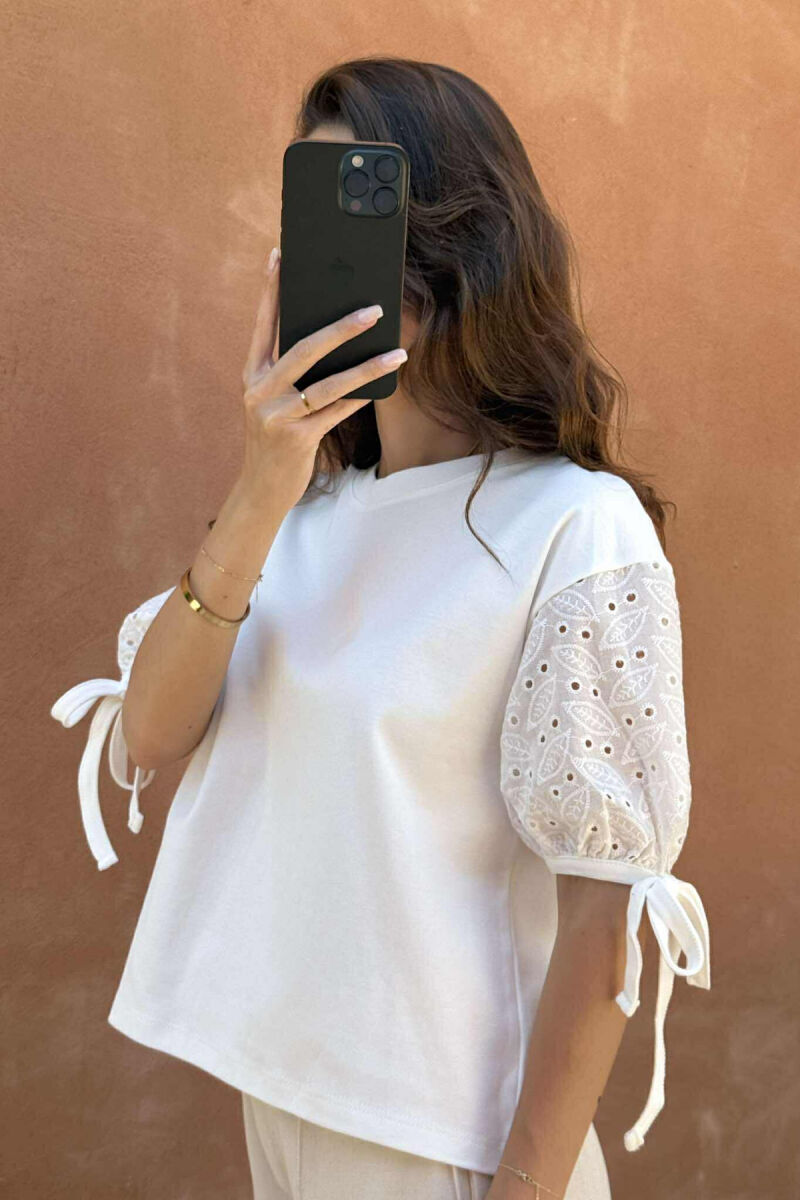 LACING DETAIL ONE COLOR WOMEN T-SHIRT WHITE-E BARDHE - 2