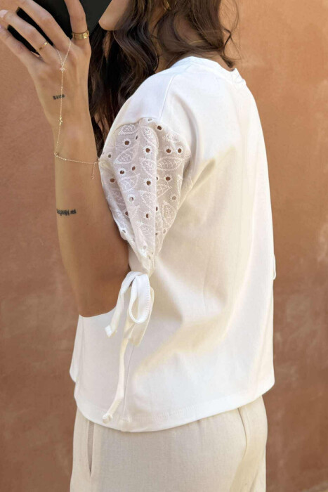 LACING DETAIL ONE COLOR WOMEN T-SHIRT WHITE-E BARDHE - 4