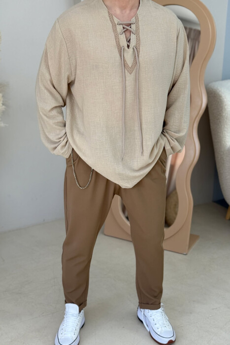 LACING DETAIL SIMPLE MEN SHIRT BEIGE/BEZHE 