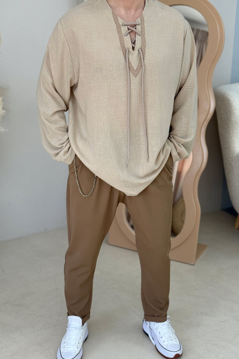 LACING DETAIL SIMPLE MEN SHIRT BEIGE/BEZHE - 1