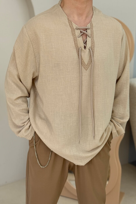 LACING DETAIL SIMPLE MEN SHIRT BEIGE/BEZHE - 2