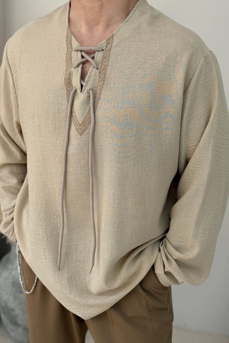LACING DETAIL SIMPLE MEN SHIRT BEIGE/BEZHE - 3
