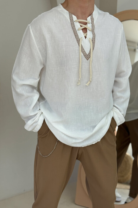 LACING DETAIL SIMPLE MEN SHIRT WHITE-E BARDHE 