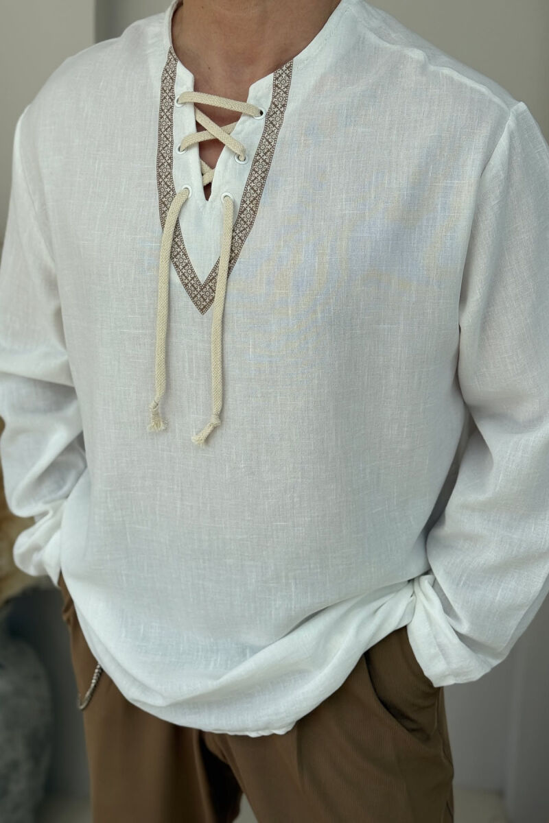 LACING DETAIL SIMPLE MEN SHIRT WHITE-E BARDHE - 3